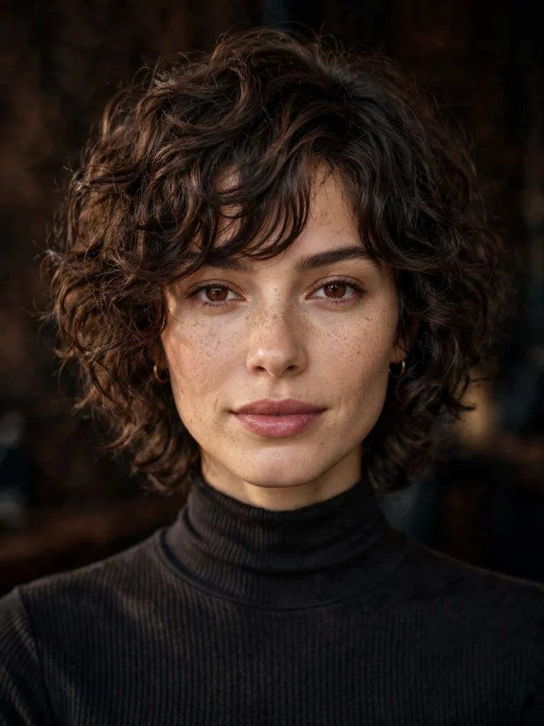Brunette curly bixie — choppy, shag-inspired layers