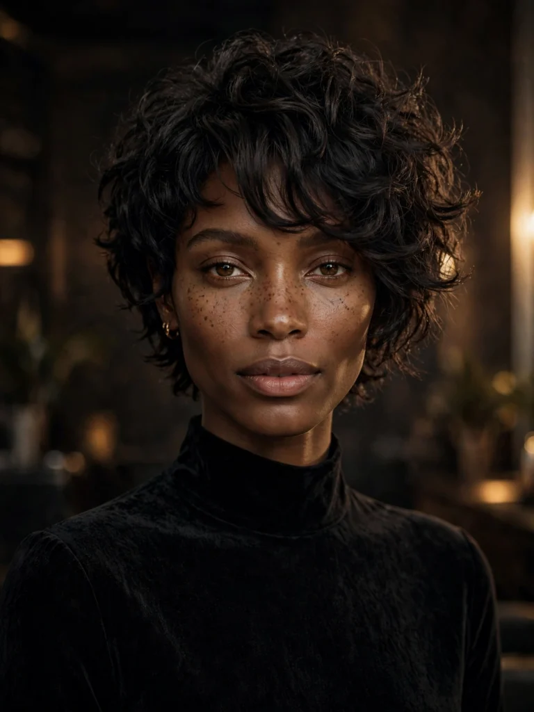 Black curly bixie — choppy, shag-inspired layers
