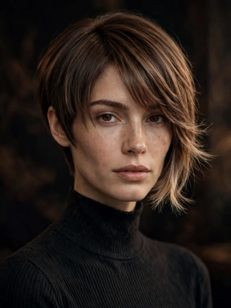 Brunette straight bixie — light feathered ends