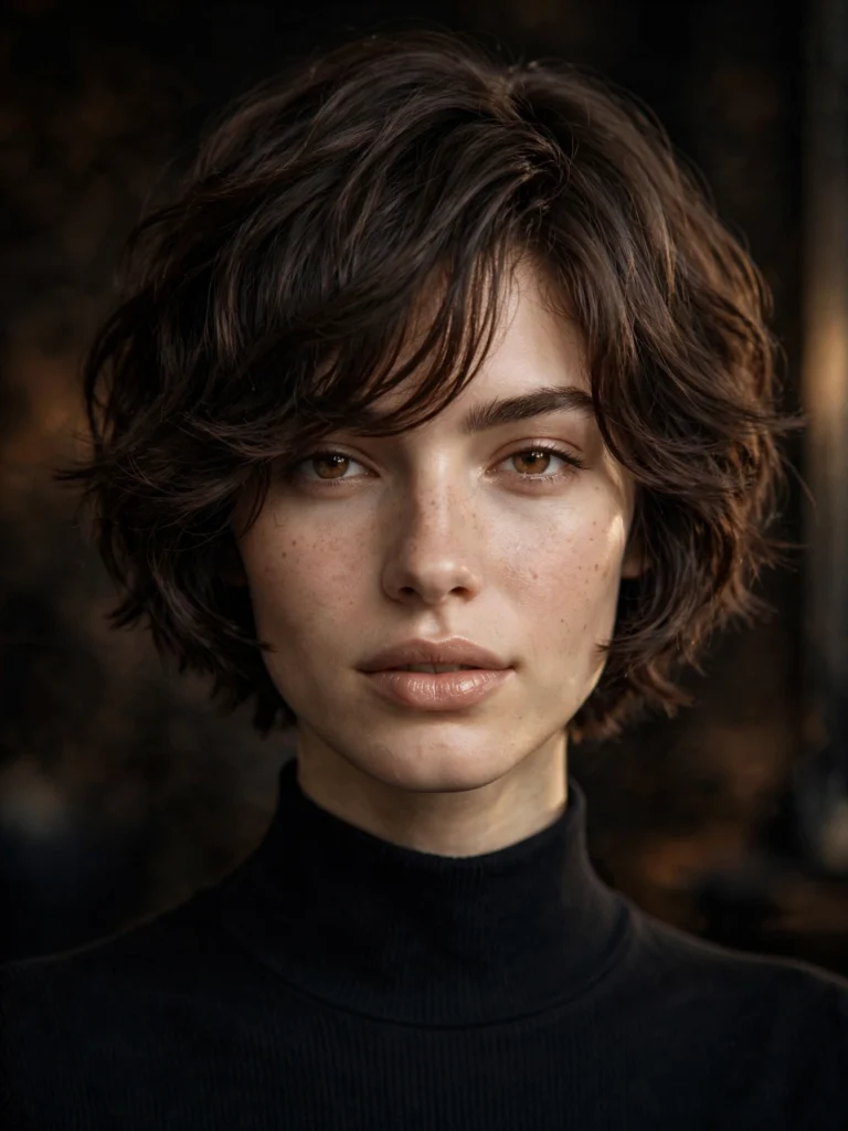 Brunette wavy bixie — soft blended layers
