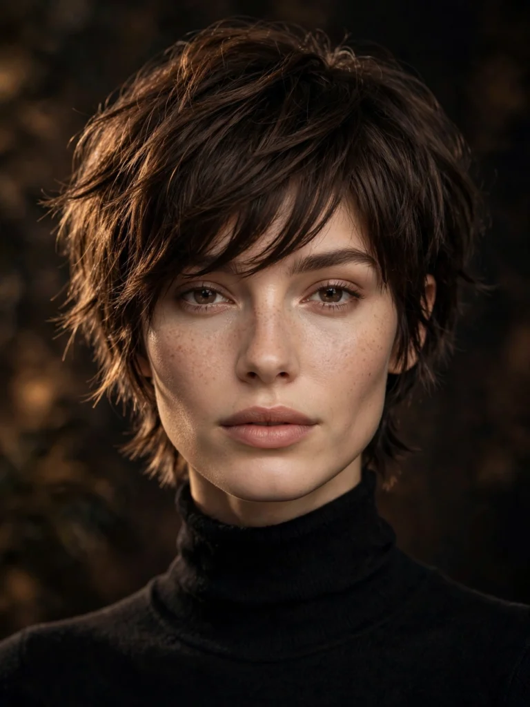 Brunette straight bixie — choppy, shag-inspired layers