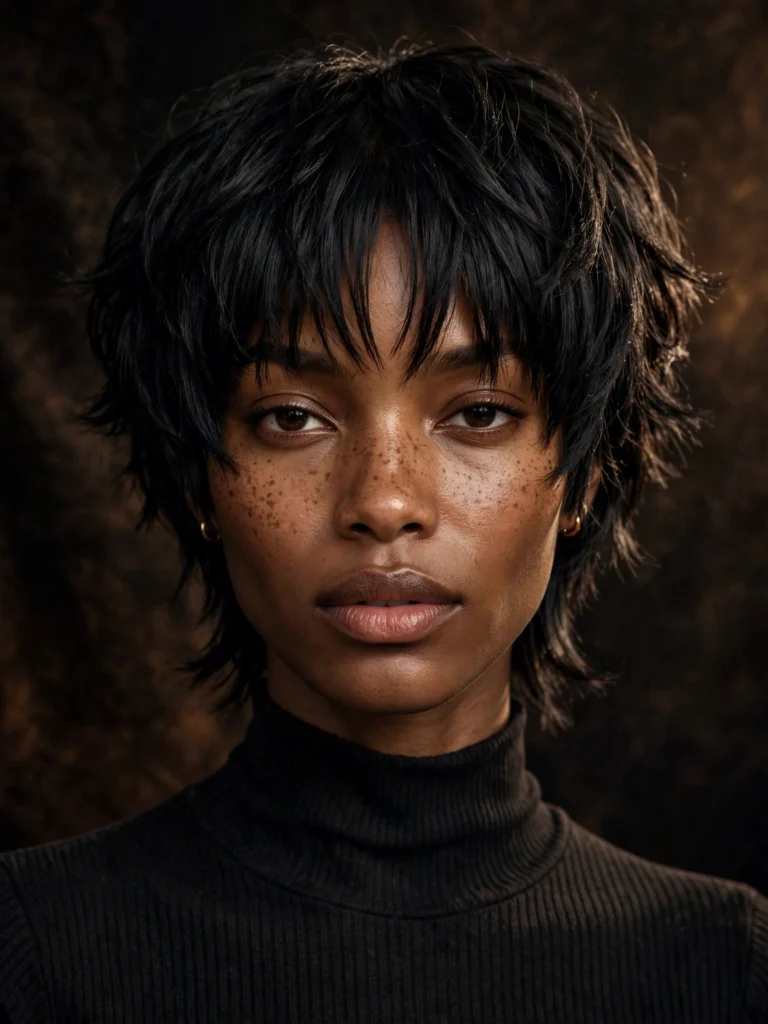 Black straight bixie — choppy, shag-inspired layers