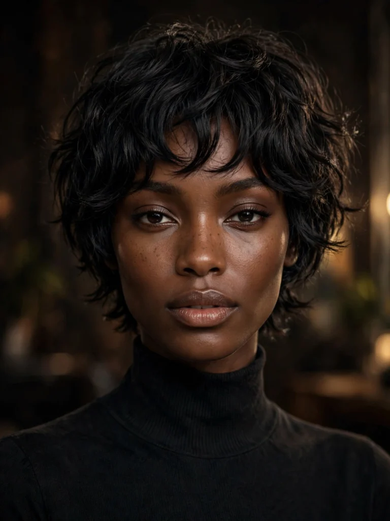 Black wavy bixie — choppy, shag-inspired layers
