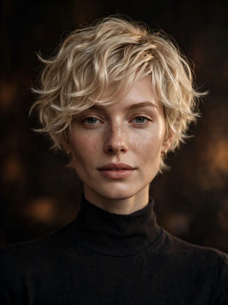 Blonde wavy bixie — light feathered ends