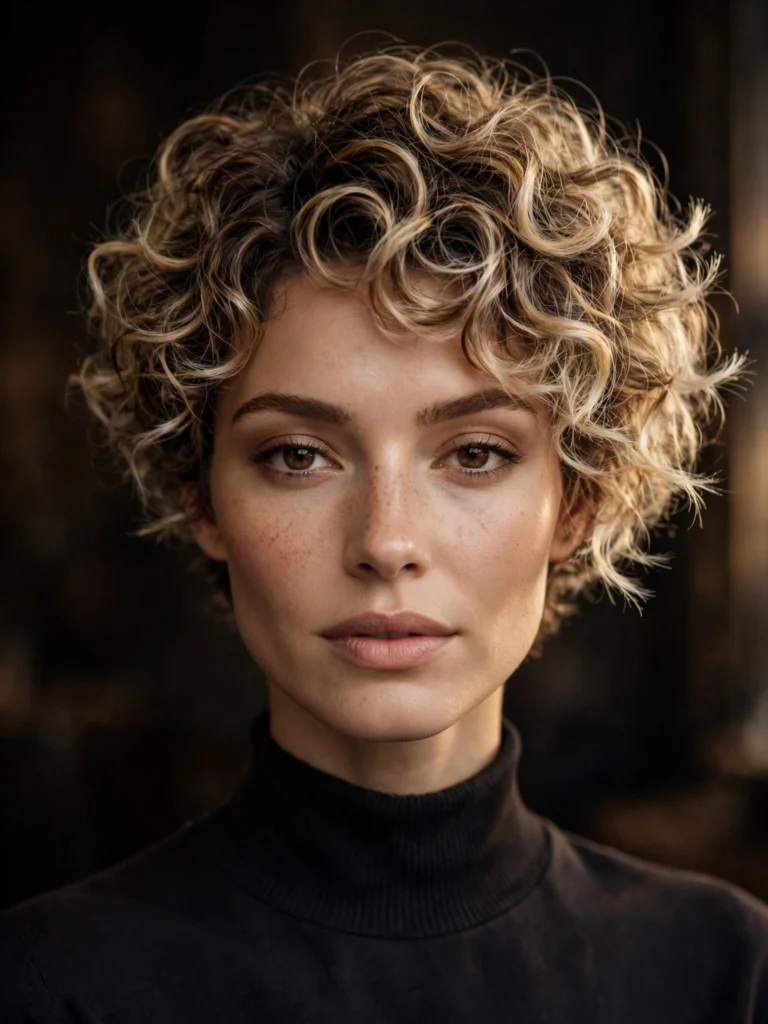 Balayage curly bixie — light feathered ends