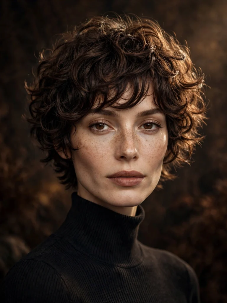 Brunette curly bixie — choppy, shag-inspired layers