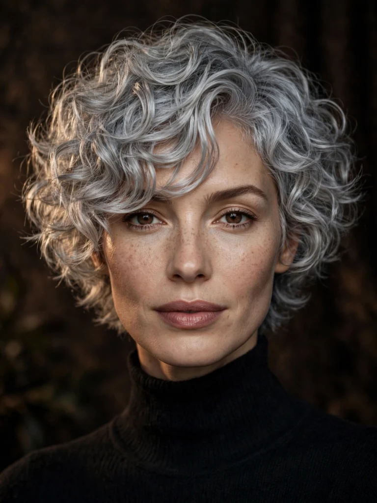 Silver curly bixie — choppy, shag-inspired layers
