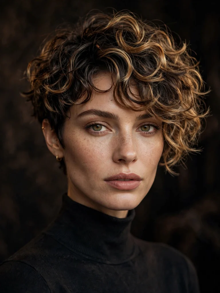 Balayage curly bixie — choppy, shag-inspired layers