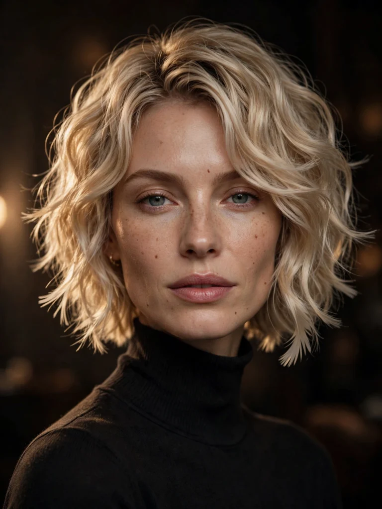 Blonde wavy bixie — light feathered ends