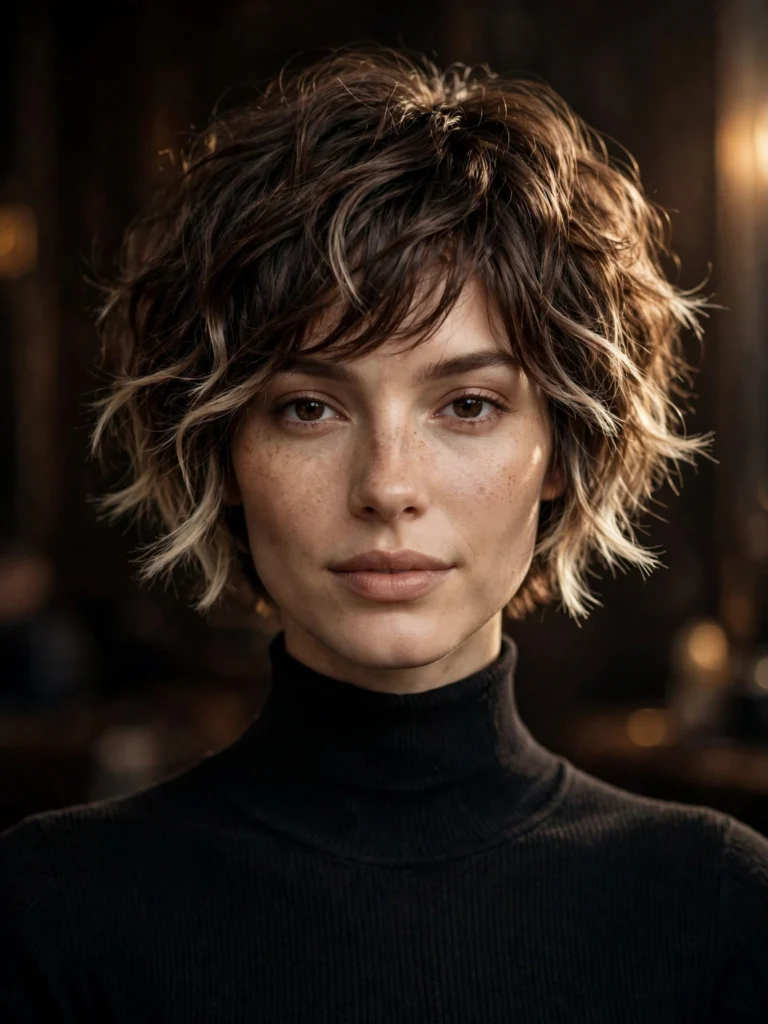 Brunette wavy bixie — light feathered ends