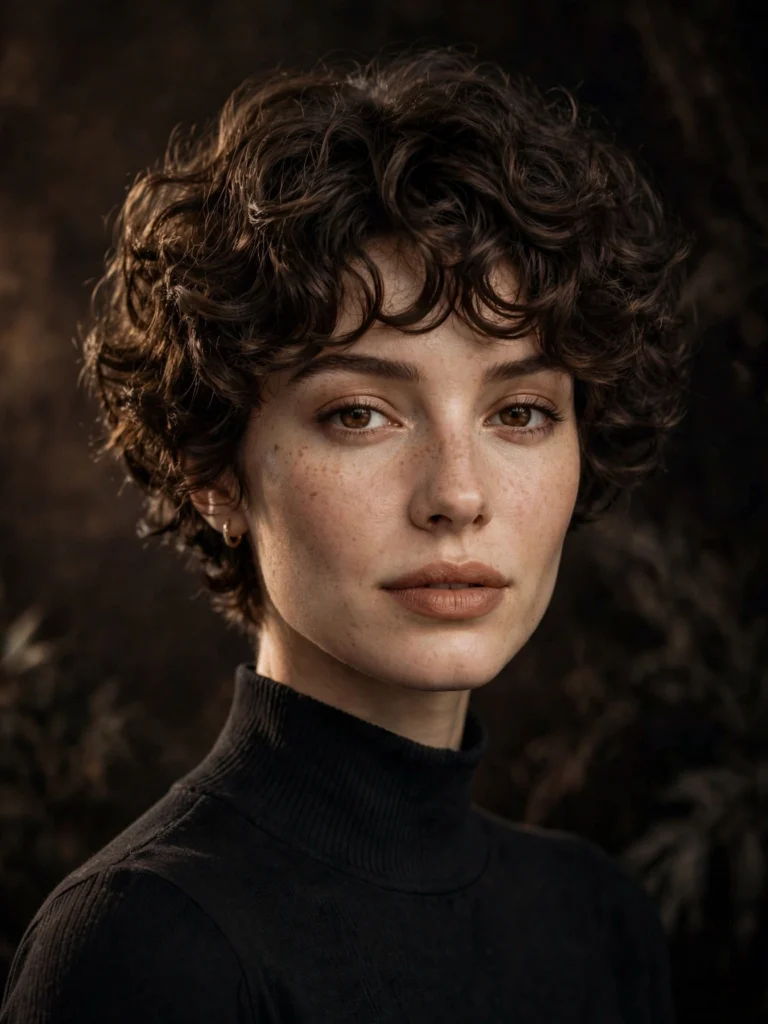 Brunette curly bixie — soft blended layers