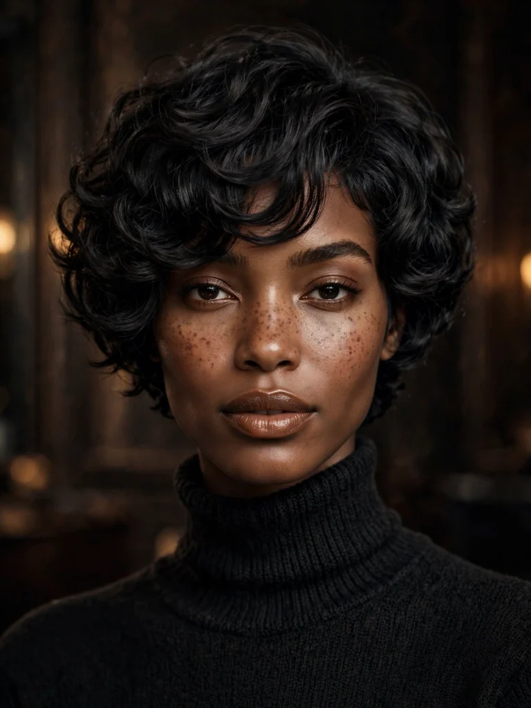 Black curly bixie — soft blended layers