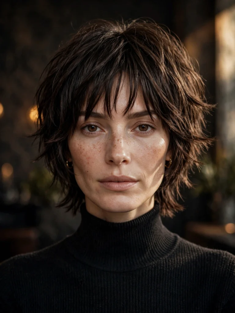 Brunette straight bixie — choppy, shag-inspired layers