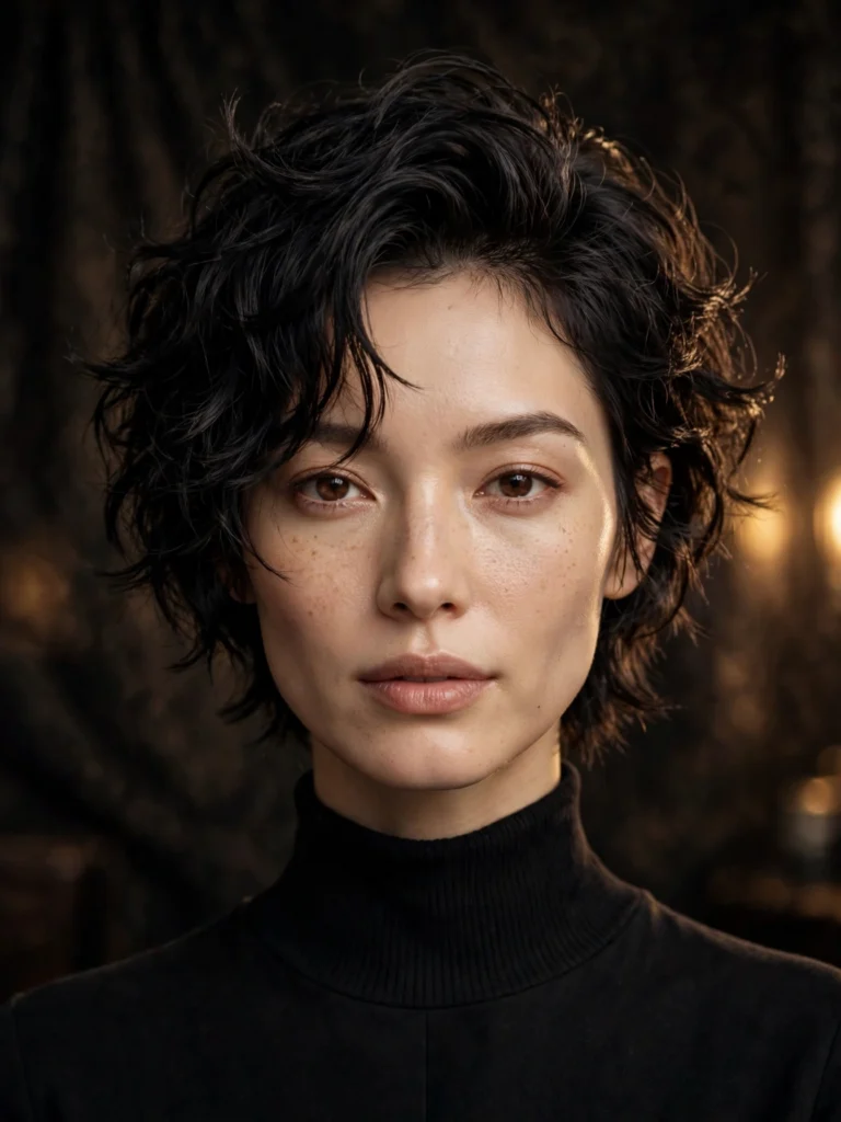 Black wavy bixie — choppy, shag-inspired layers