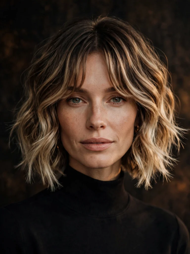 Balayage wavy bixie — light feathered ends
