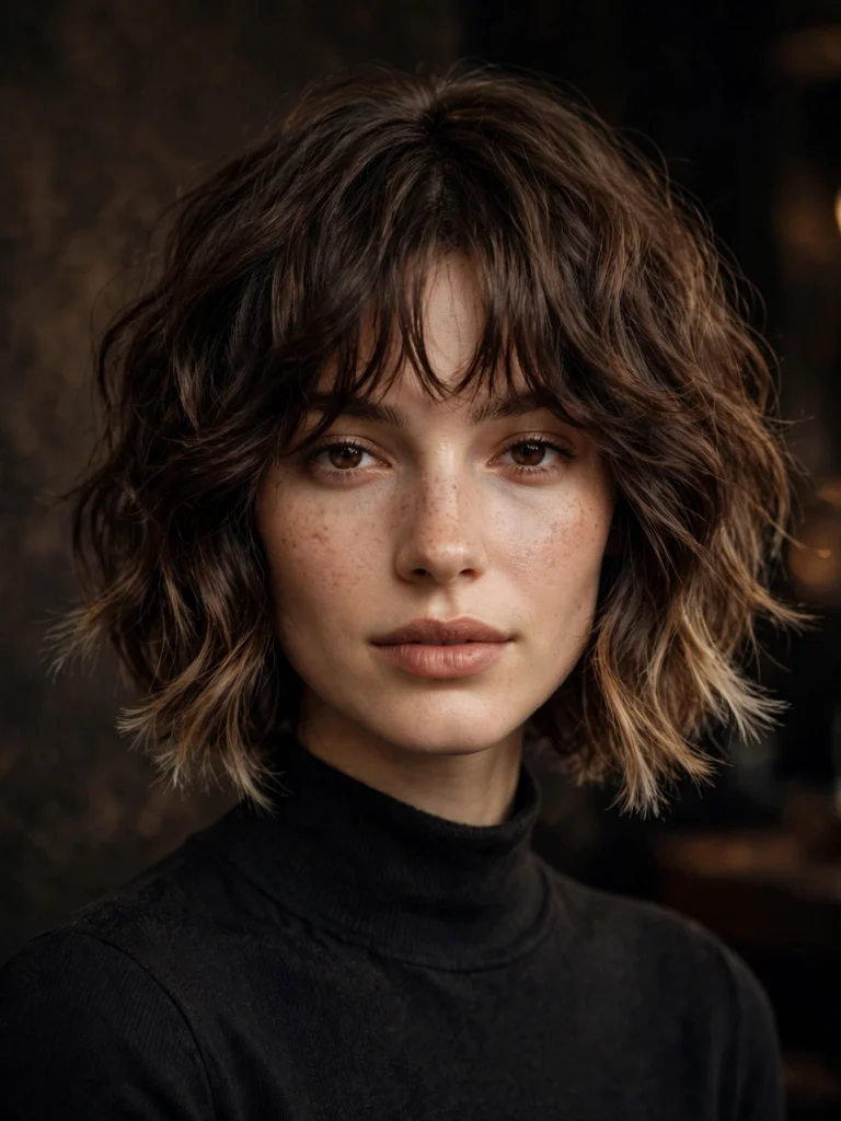 Brunette wavy bixie — light feathered ends