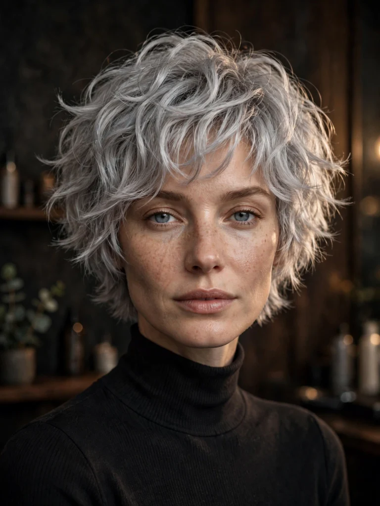 Silver wavy bixie — choppy, shag-inspired layers