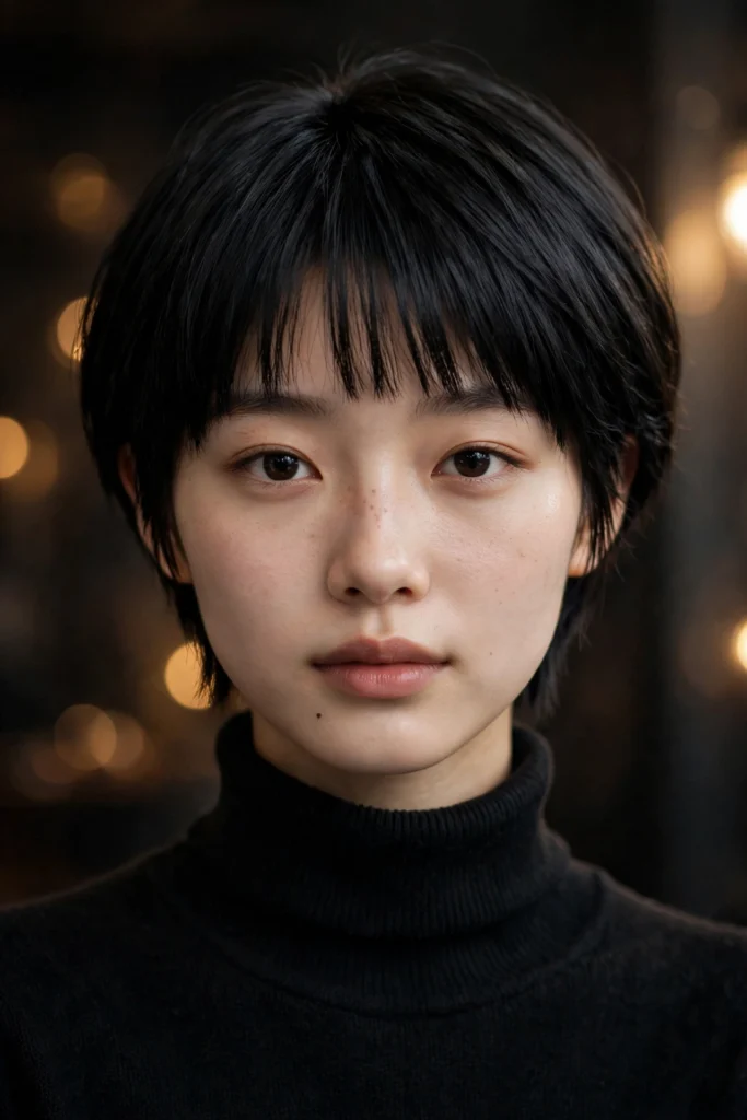 Jet-black straight bixie — blunt fringe — front view