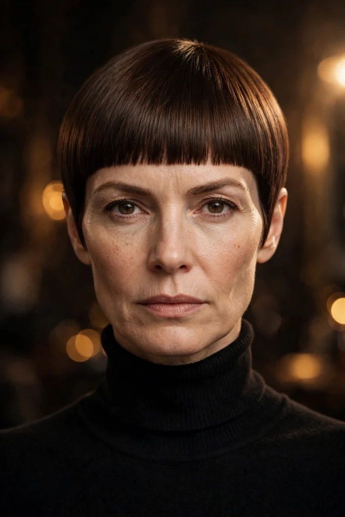 Espresso-brown straight bixie — sharp lines — front view