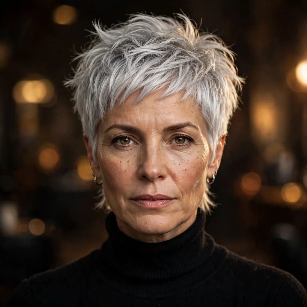 Silver-white pixie-bixie — edgy — front view