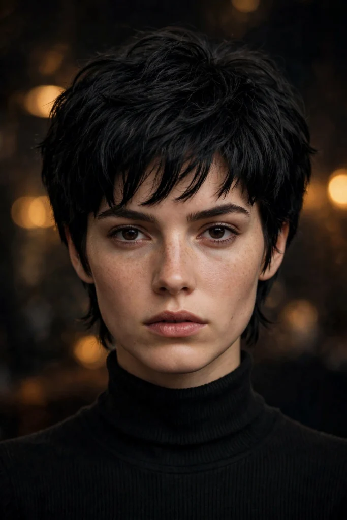 Raven-black 90s bixie — dramatic — front view