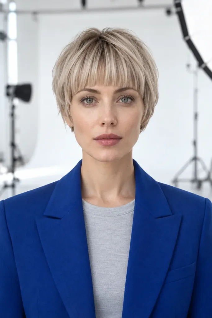 Icy-Beige Bixie with Blunt Fringe front view